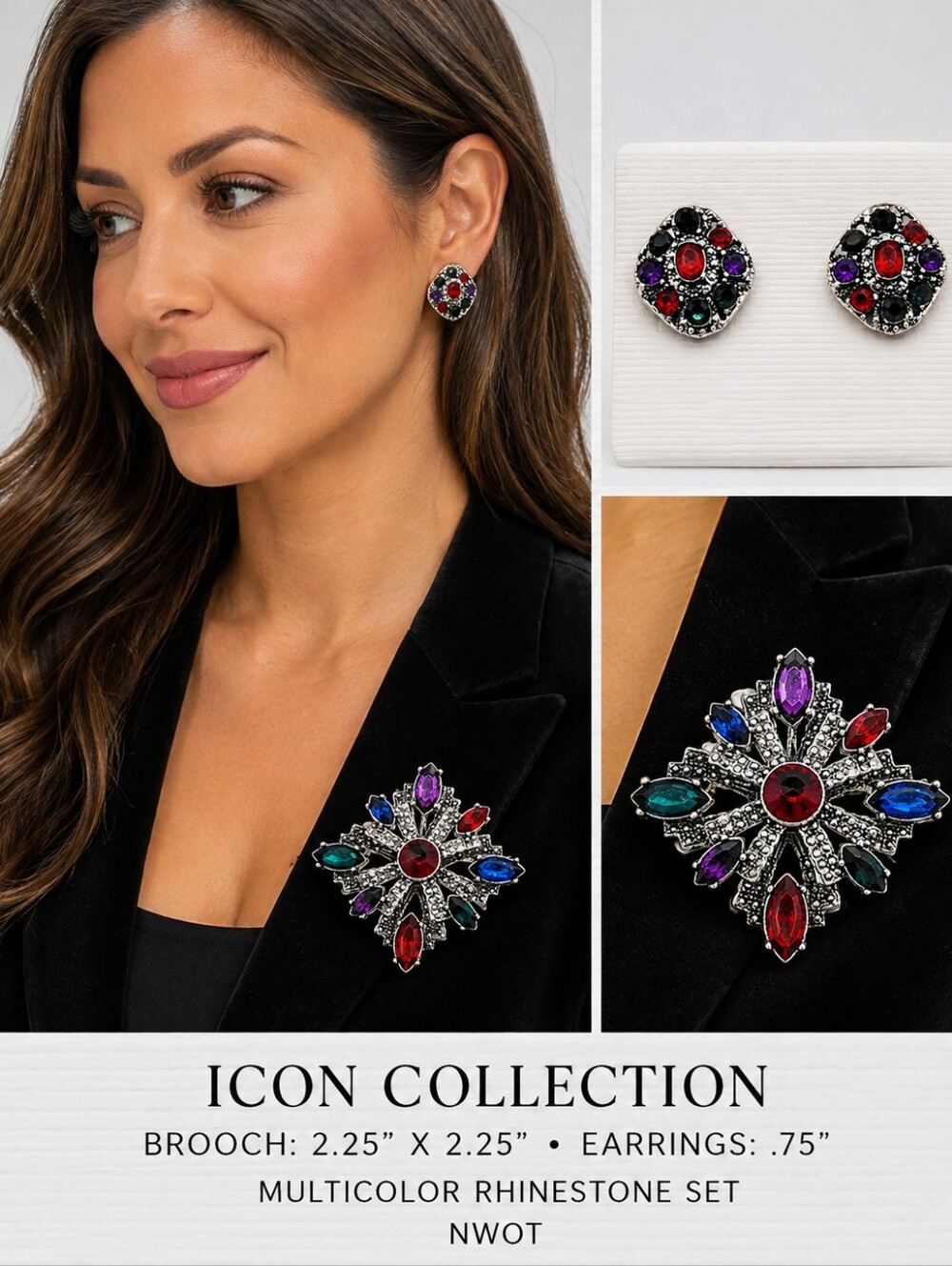 Icon Collection Multicolor Rhinestone Brooch & Earrings - Picture 3 of 3